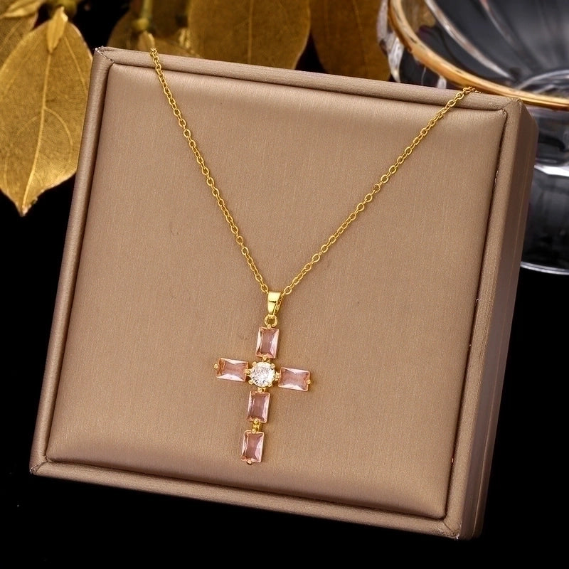 2 Pieces Ethnic Style Cross Stainless Steel Inlay Zircon Pendant Necklace