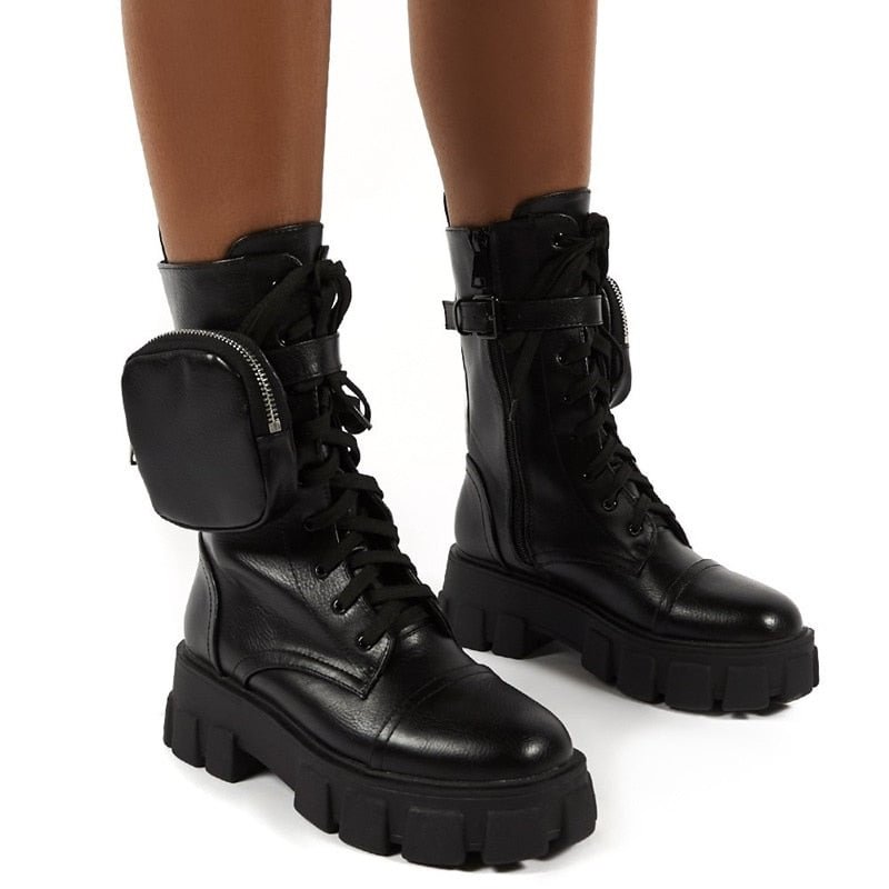 2020 Winter Women Mid-Calf Boots with Pouch Fashion Plus Size Round Toe Increase Platform Boots Punk Solid Thicken Ladies Shoes