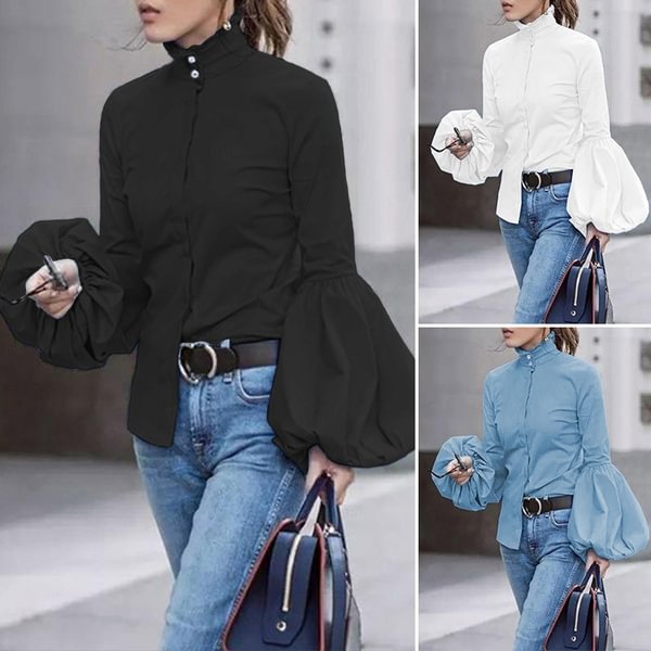 Women Casual Solid Button Up Blouse Puff Sleeve High Neck Shirt Tops Plus Size S-5XL - Shop Trendy Women's Clothing | LoverChic