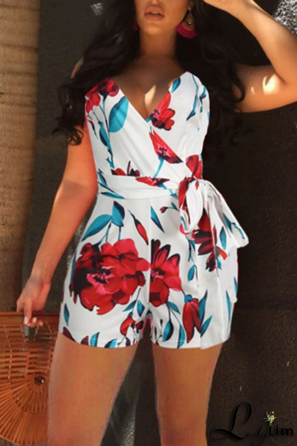 White Red Casual Print Patchwork Backless Regular Jumpsuits