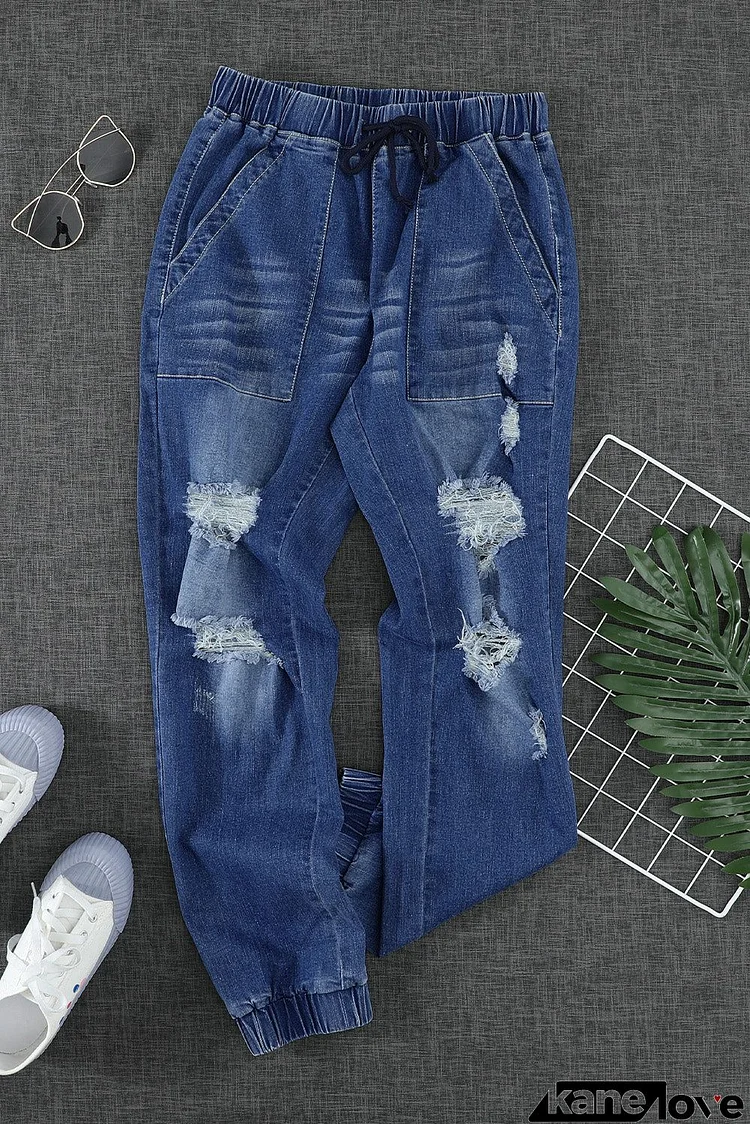 Women's Blue Pocketed Distressed Denim Joggers