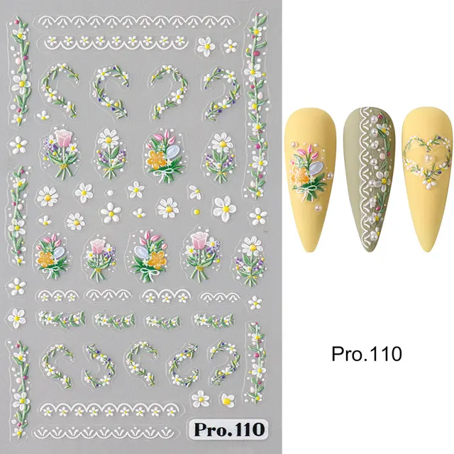 Bonusbad 5D Purple Flower Nail Embossed Sticker Rose Blossom Floral Love Heart Adhesive Decal Valentine's Manicure Slider DIY Accessories