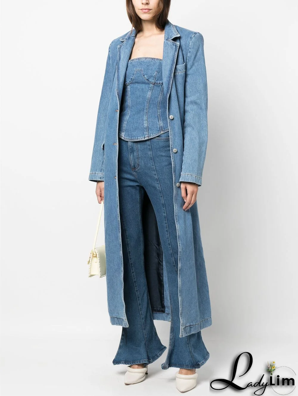 Daily Lapel Collar Floral Long Blazers Denim Trench Coat