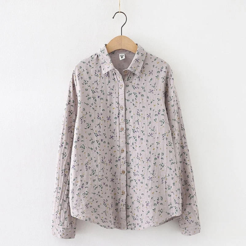 Cotton Yarn Shirts Womens Floral Printed Blouses Long Sleeve Loose White Lady Tops Girls Clothes Spring News