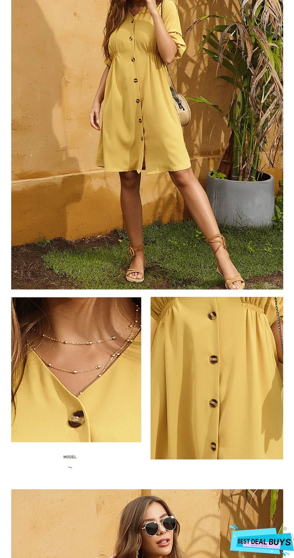 Solid-colored Loose-fitting Mid-sleeve Pleated Shirt Large Swing Dress