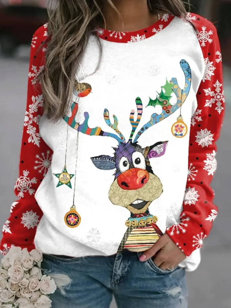 Vefave Christmas Cute Elk Print Long Sleeve Sweatshirt