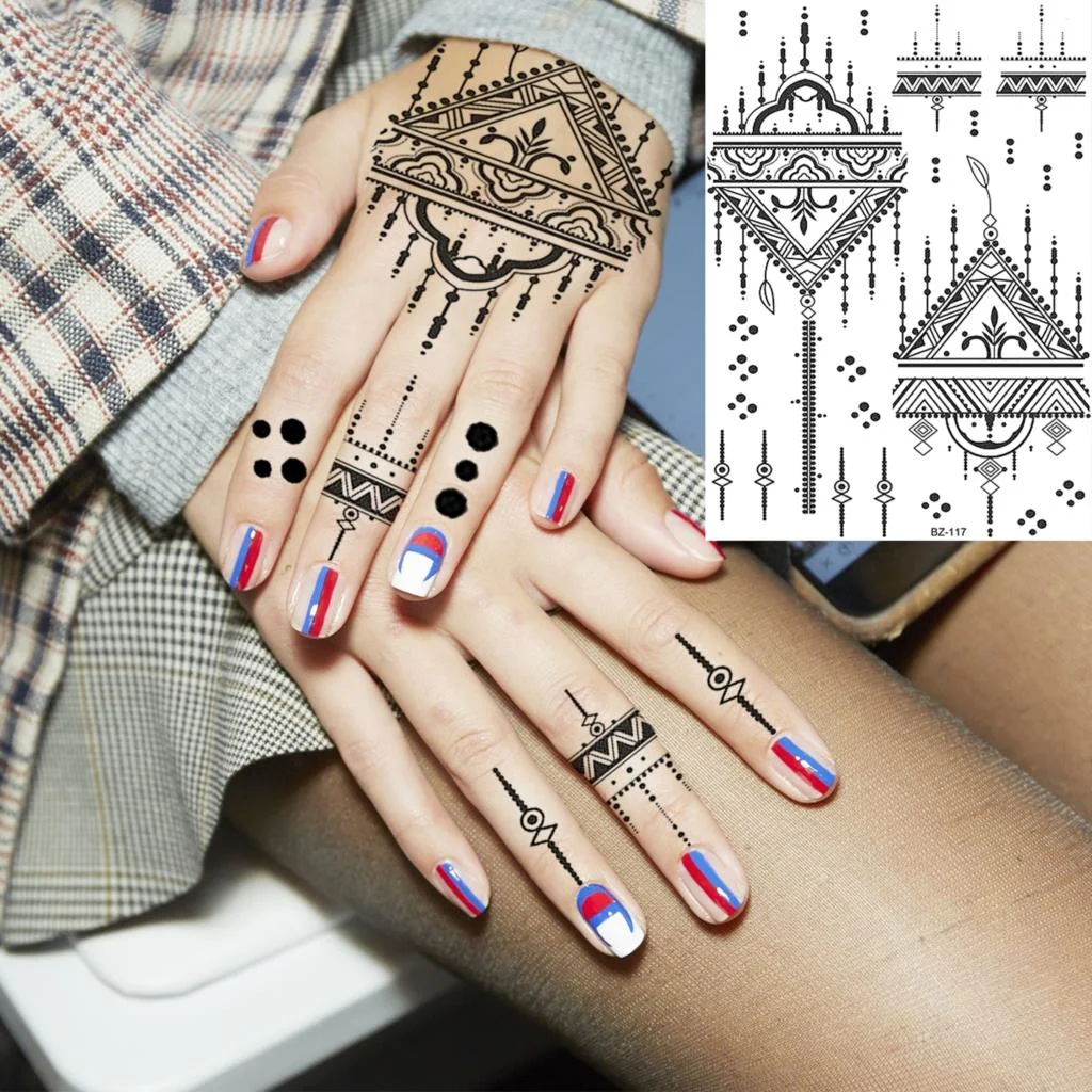 Sdrawing Lace Fingers Henna Mandala Temporary Tattoos For Women Adult Butterfly Pendant Fake Tattoo Sticker Body Art Tatoo