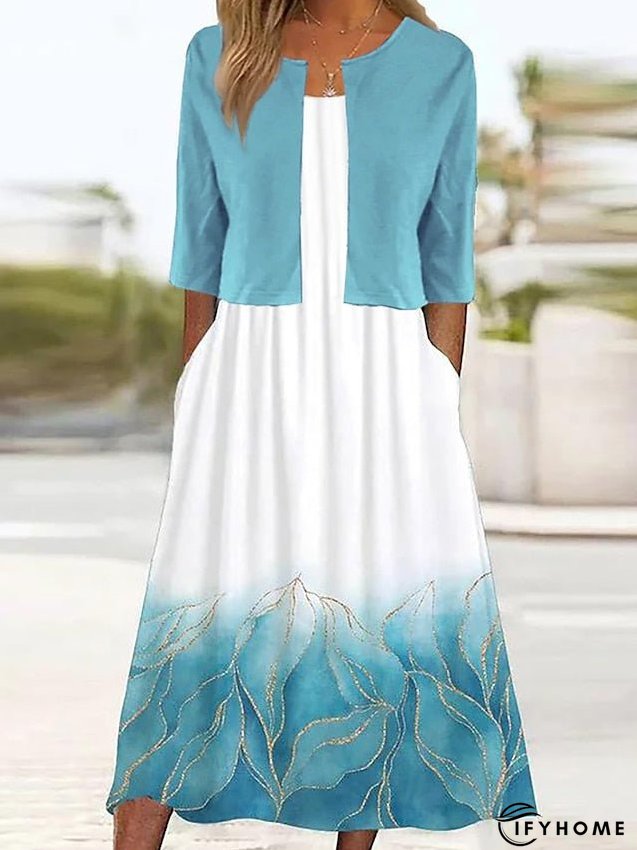 Two Piece Dress Set Casual Dress Dress Set Outdoor Daily Fashion Streetwear Pocket Print Midi Dress Crew Neck Half Sleeve Leaf Ombre Regular Fit Blue Summer Spring S M L XL XXL for Women | IFYHOME
