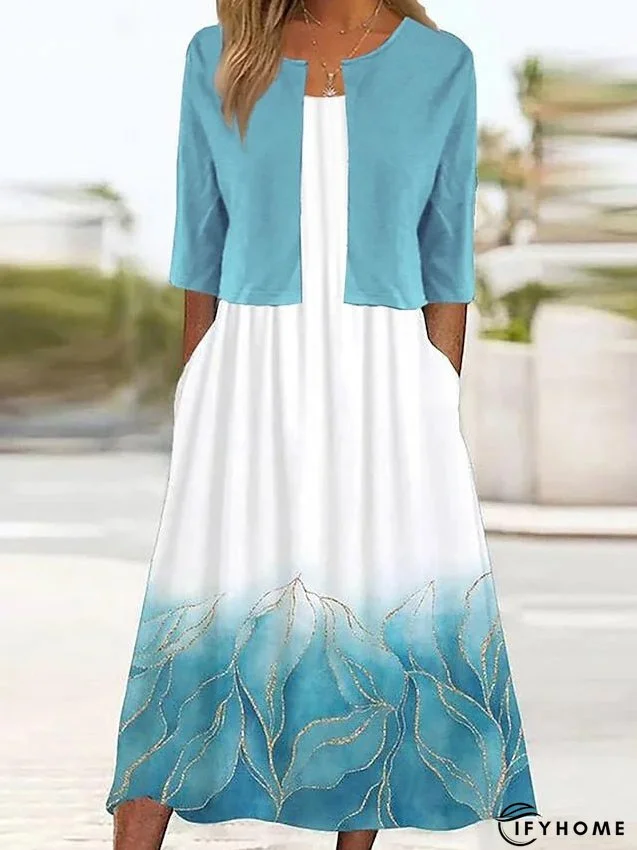 Two Piece Dress Set Casual Dress Dress Set Outdoor Daily Fashion Streetwear Pocket Print Midi Dress Crew Neck Half Sleeve Leaf Ombre Regular Fit Blue Summer Spring S M L XL XXL for Women | IFYHOME