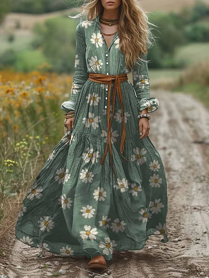Women's Shirt Collar Long Sleeve Daisy Print Pocket Cotton Dress