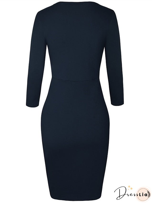 Bodycon Sheath Dress Church Dress Knee Length Dress Wine Dark Blue Long Sleeve Pure Color Ruched Fall Winter Crew Neck Stylish Winter Dress Fall Dress Slim S M L XL XXL 3XL 4XL 5XL for Women