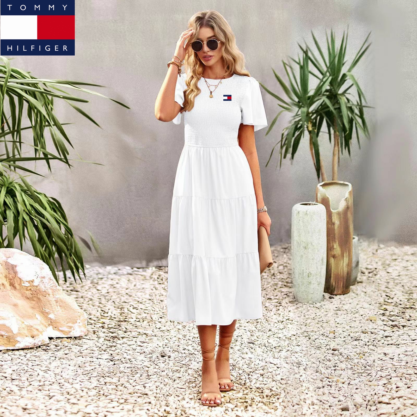 Vestido Tommy Hilfiger primavera/verão com decote redondo e cintura subida