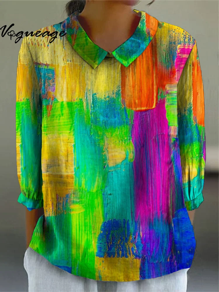 Bright Colorful Square Mosaic Printed Cotton And Linen Shirt