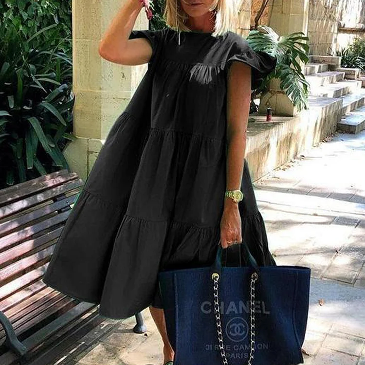 New Fashion Solid Color Short Sleeve Loose Chic Pleated Casual Dress