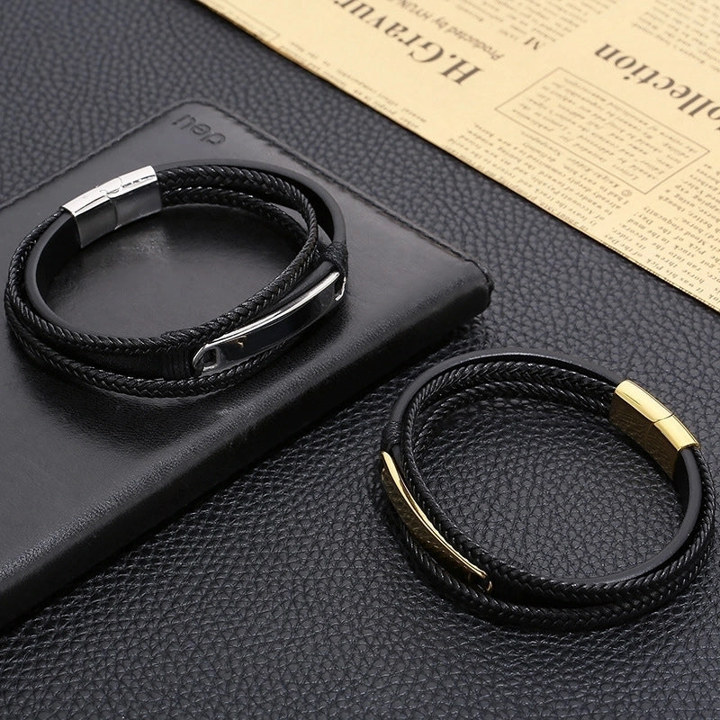 Classic Style Commute Color Block Pu Leather Titanium Steel Braid 18K Gold Plated Men's Bangle