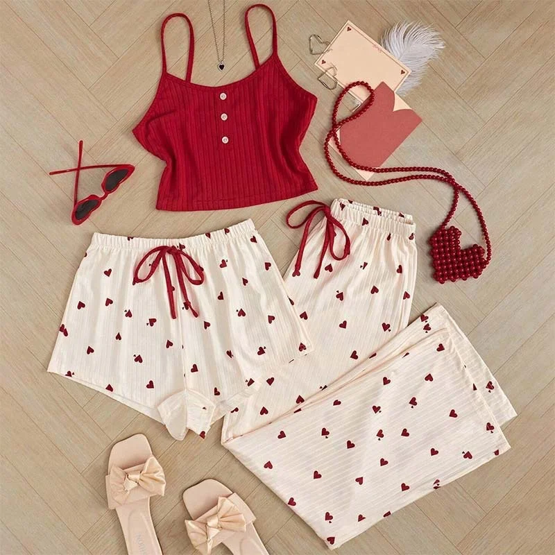 Brownm Pajamas Girls Spring And Summer New Sweet Cute Girl Three-Piece Set Of Advanced Thin Set Shorts Homewear