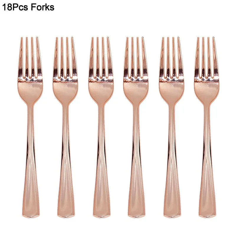 18Pcs Rose Gold Plastic Disposable Tableware Dessert Knives Forks Spoon Wedding Birthday Party Decoration Supplies Cutlery Set