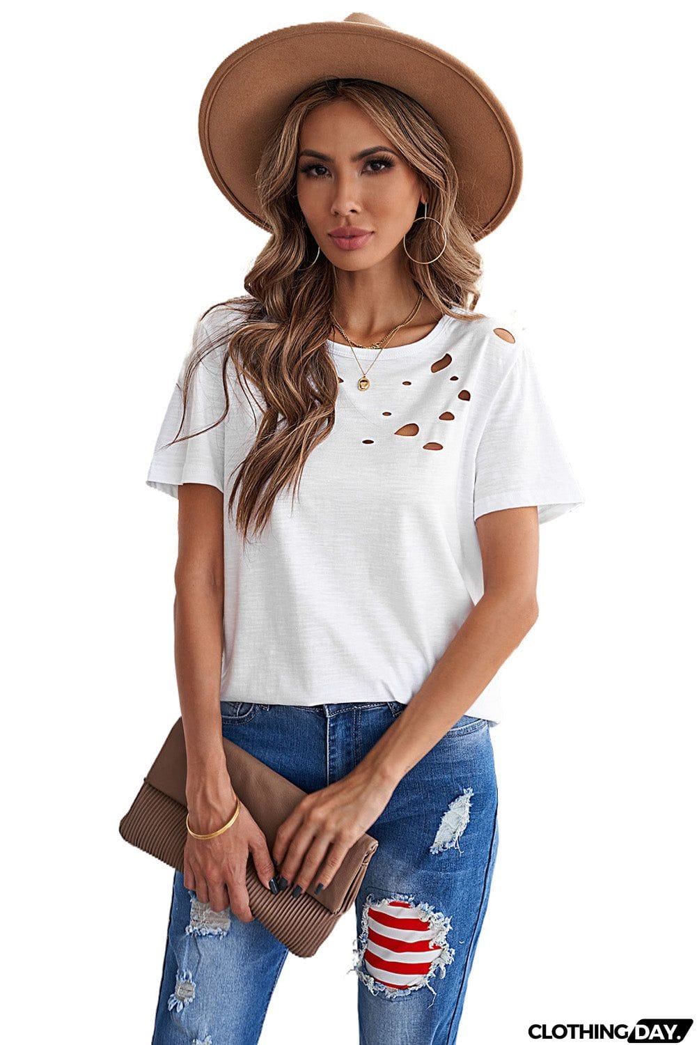 Whitec Holes Crew Neck Cotton Mixed Casual Short Sleeve T-shirt