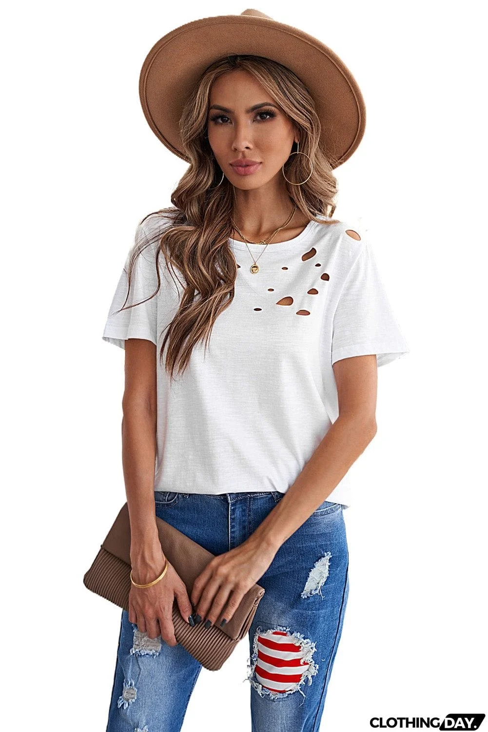 Whitec Holes Crew Neck Cotton Mixed Casual Short Sleeve T-shirt