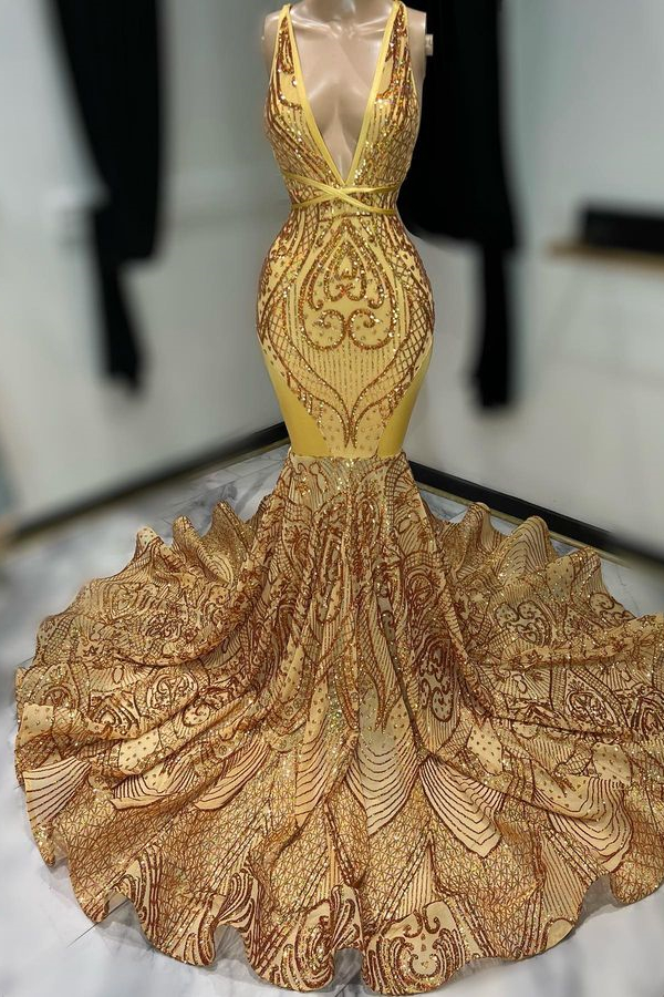 Bellasprom Gold V-Neck Sequins Prom Dress Mermaid Sleeveless Long Bellasprom