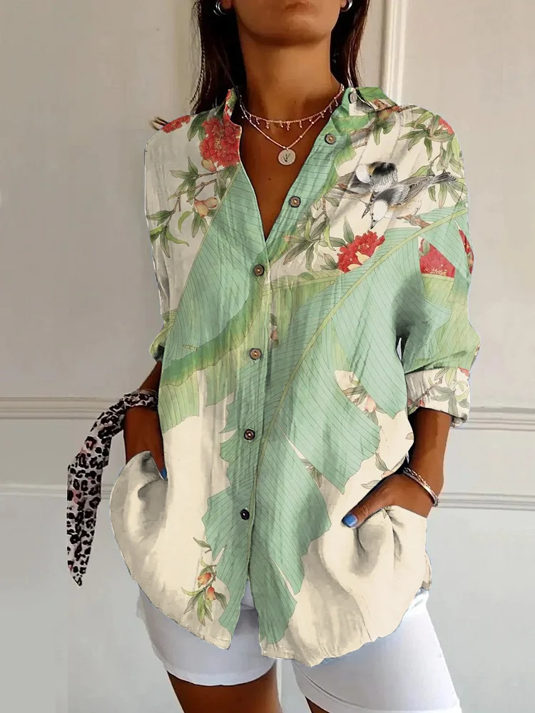 Japanese Art Banana Leaves Print Casual Long-sleeved Shirt