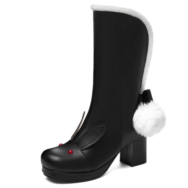 Black/Pink/White Cute Rabbit Ears Sweet Snowball Mid Calf Platform Boots BE504