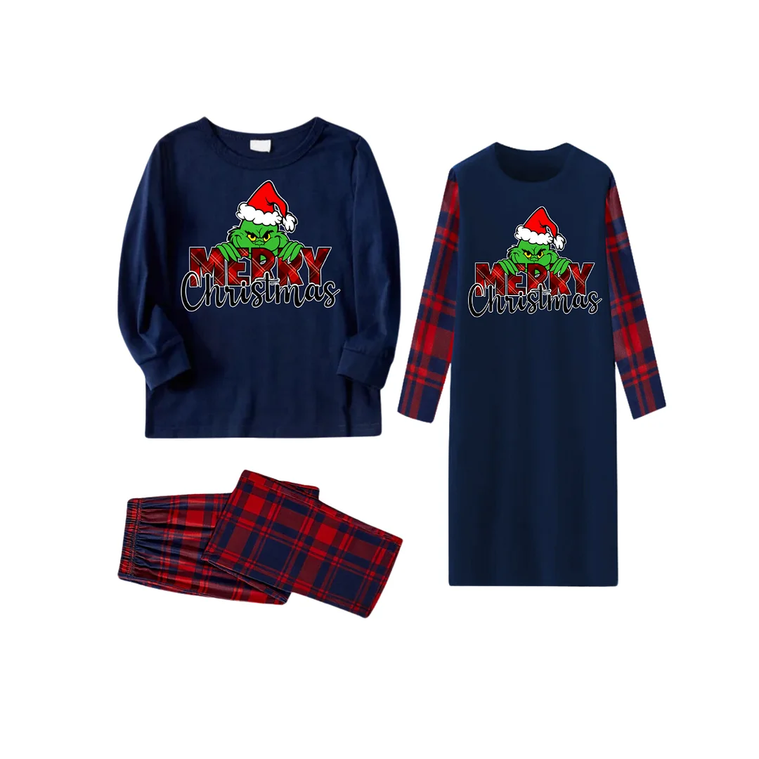 Christmas Catroon Pattern and Text Print Blue Long Sleeve Top with Red & Blue Plaid Christmas Couple Matching Pajama