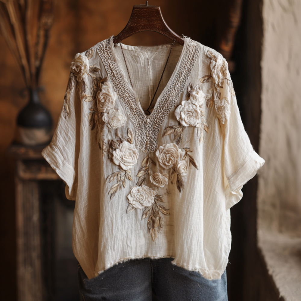 Women's White Rose Art Embroidery V-neck Cotton Linen Blend Short Sleeve Casual Top elevenforest