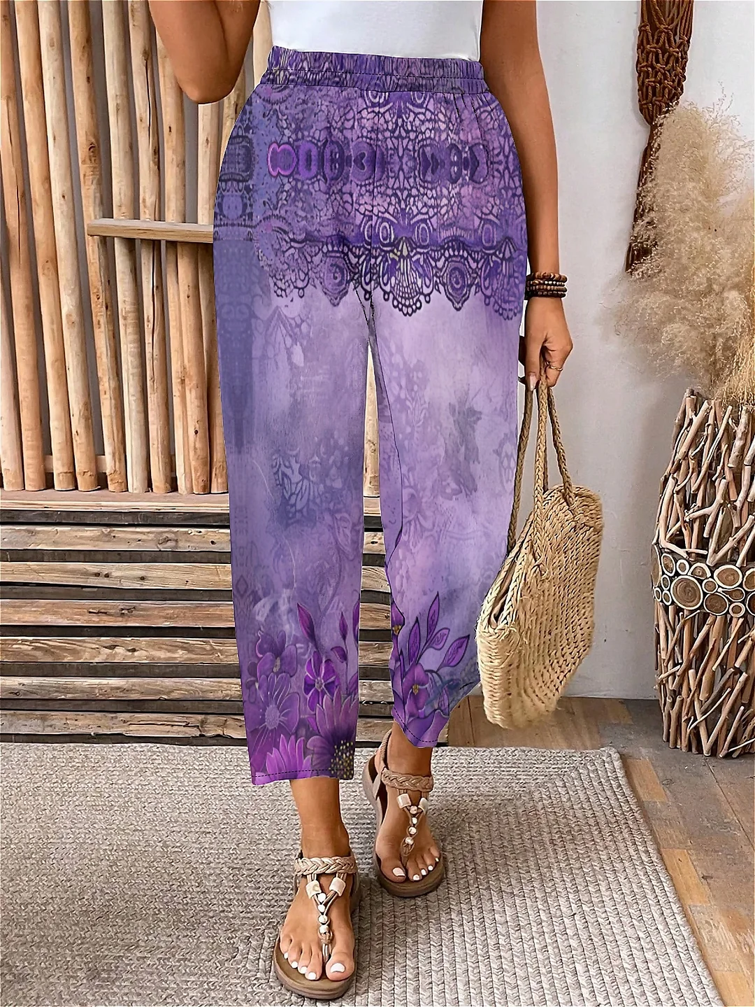 Plus Size Elastic Waist Purple,Floral,Bohemian Printed Pants