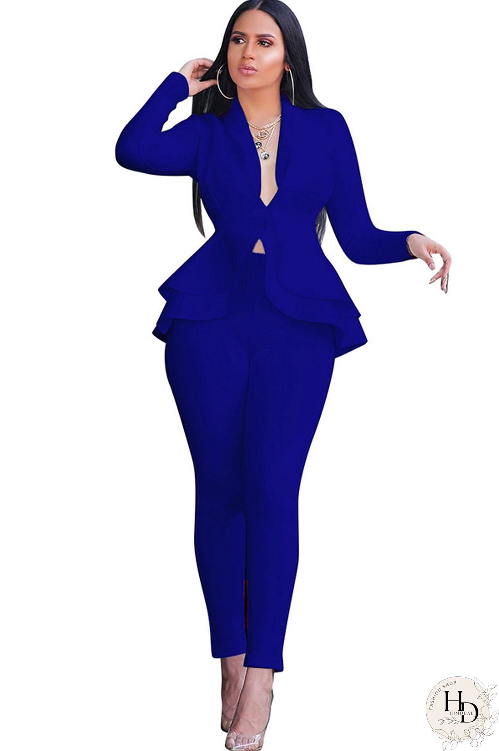 Black Casual Two Piece Suits Patchwork ruffle Solid pencil Long Sleeve