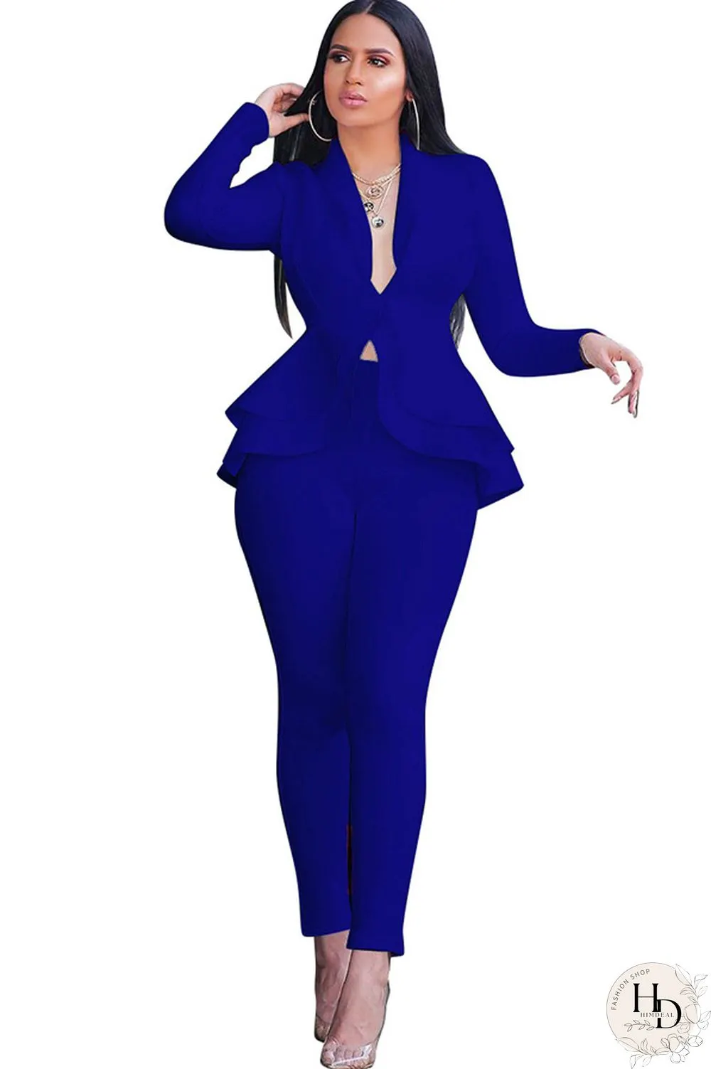 Black Casual Two Piece Suits Patchwork ruffle Solid pencil Long Sleeve