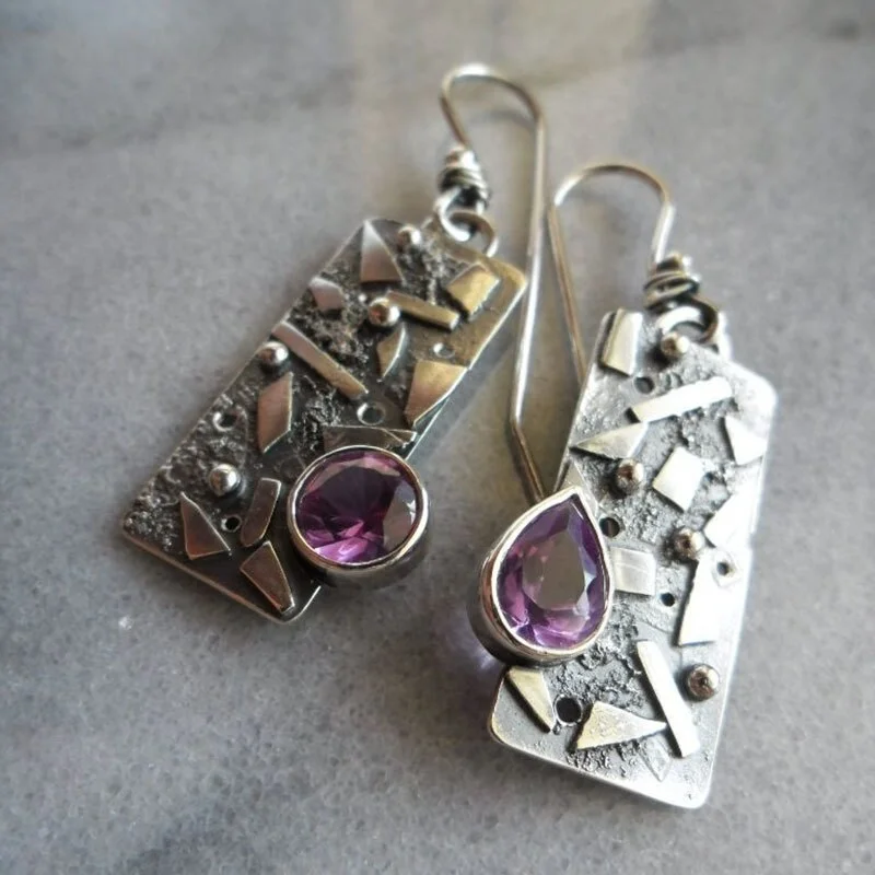 Vintage engraved amethyst stone asymmetric earrings ancient silver color ethnic style earring jewelry