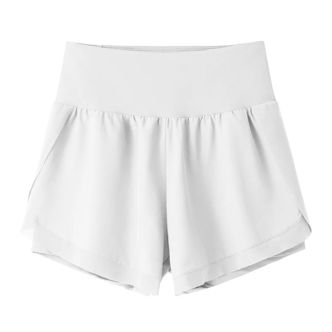 Buy Hergymclothing White fake 2 pieces mesh patchwork high waist casual gym shorts with pockets at an affordable price