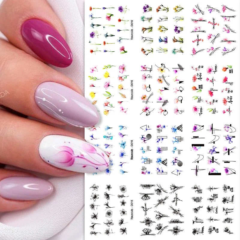 Harunouta 12pcs Simple Green Theme Water Decal Sticker Flower Leaf Tree Spring DIY Slider For Manicuring Nail Art Watermarks