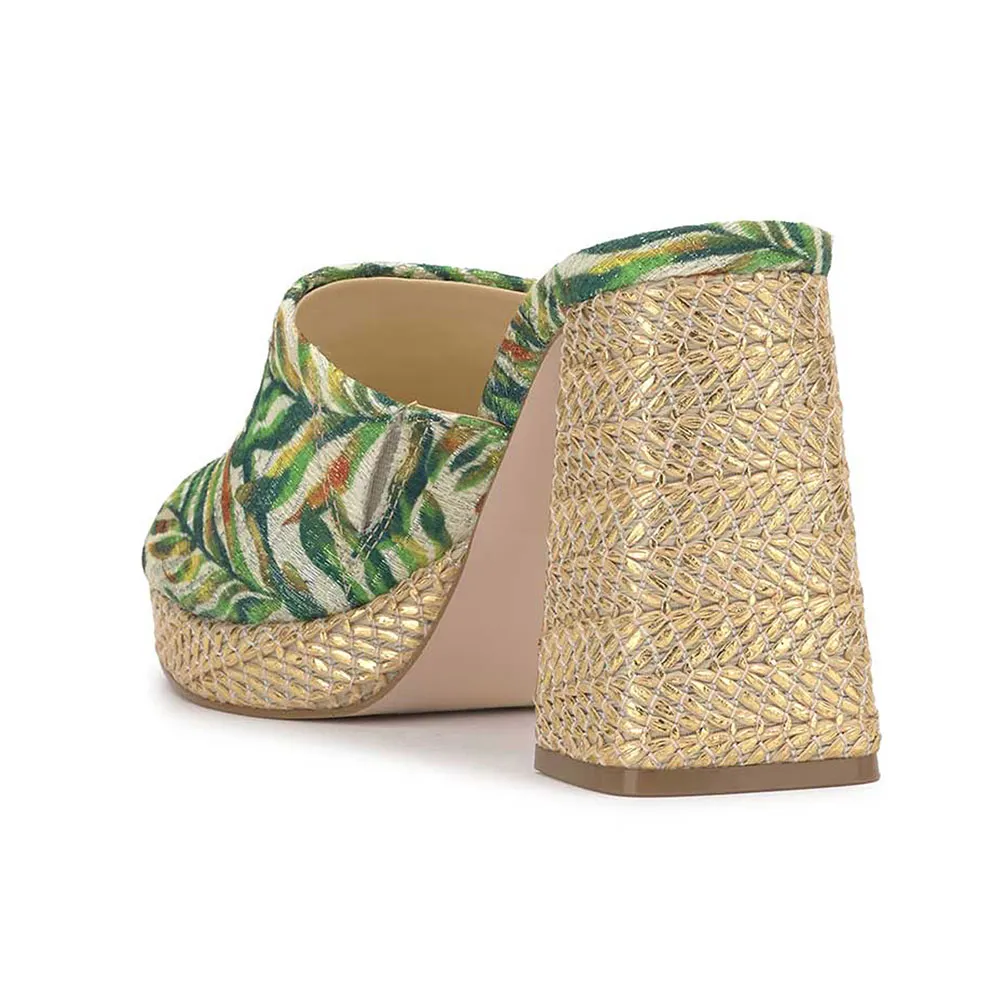 Multicolor Leaves Print Woven Women's Heel Sandals with Platform