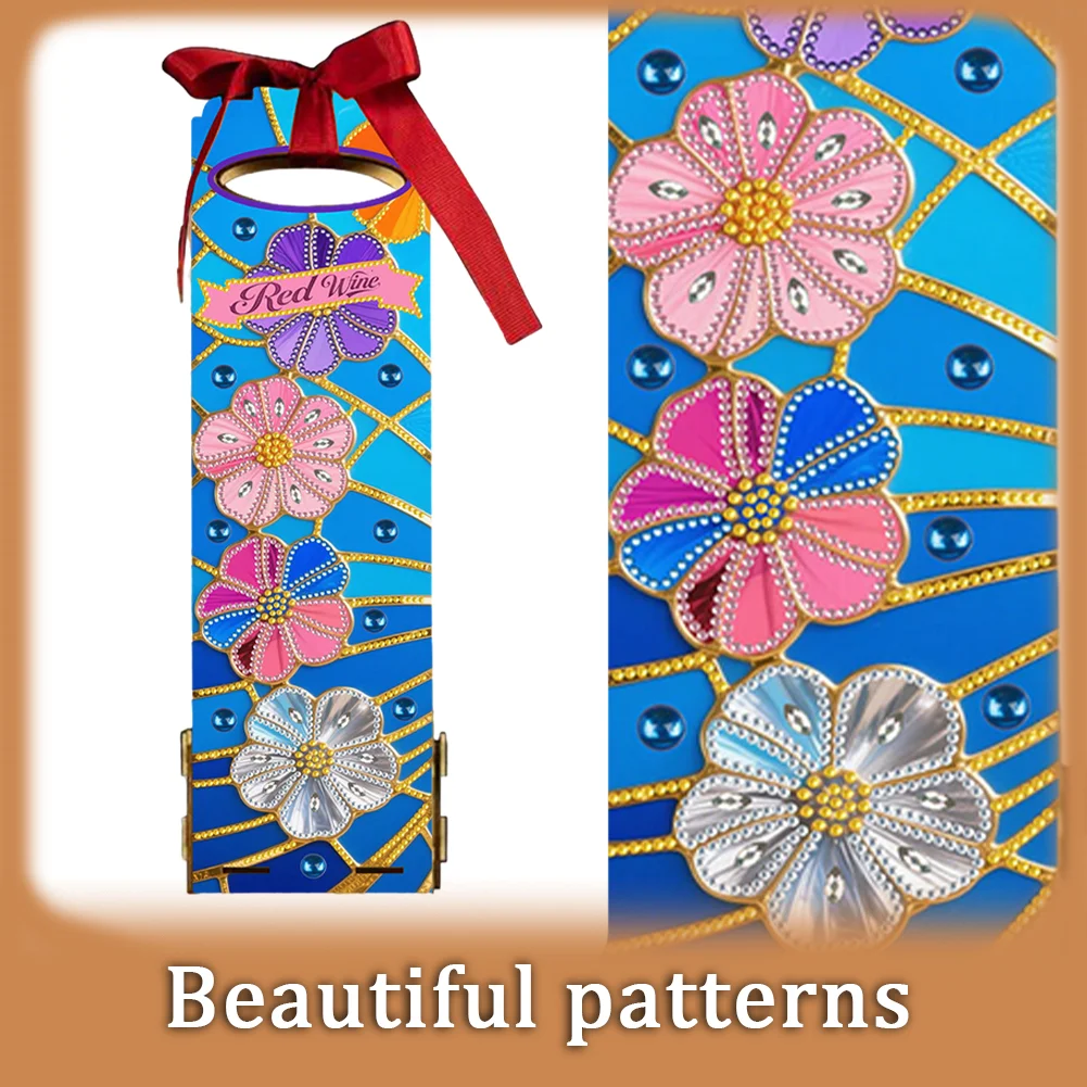 Wooden 5D/DIY Diamond Painting Art Wine Bag Kit for Party Wine Decor (Flowers)