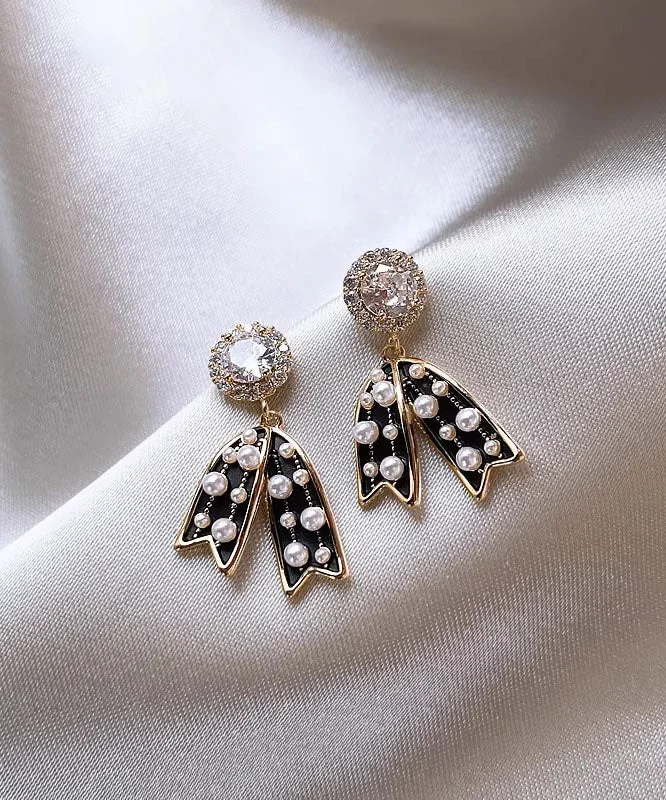Elegant Black Sterling Silver Zircon Pearl Tassel Drop Earrings