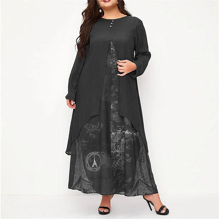 Women's Plus Size Casual Dress Print Crew Neck Split Long Sleeve Dress