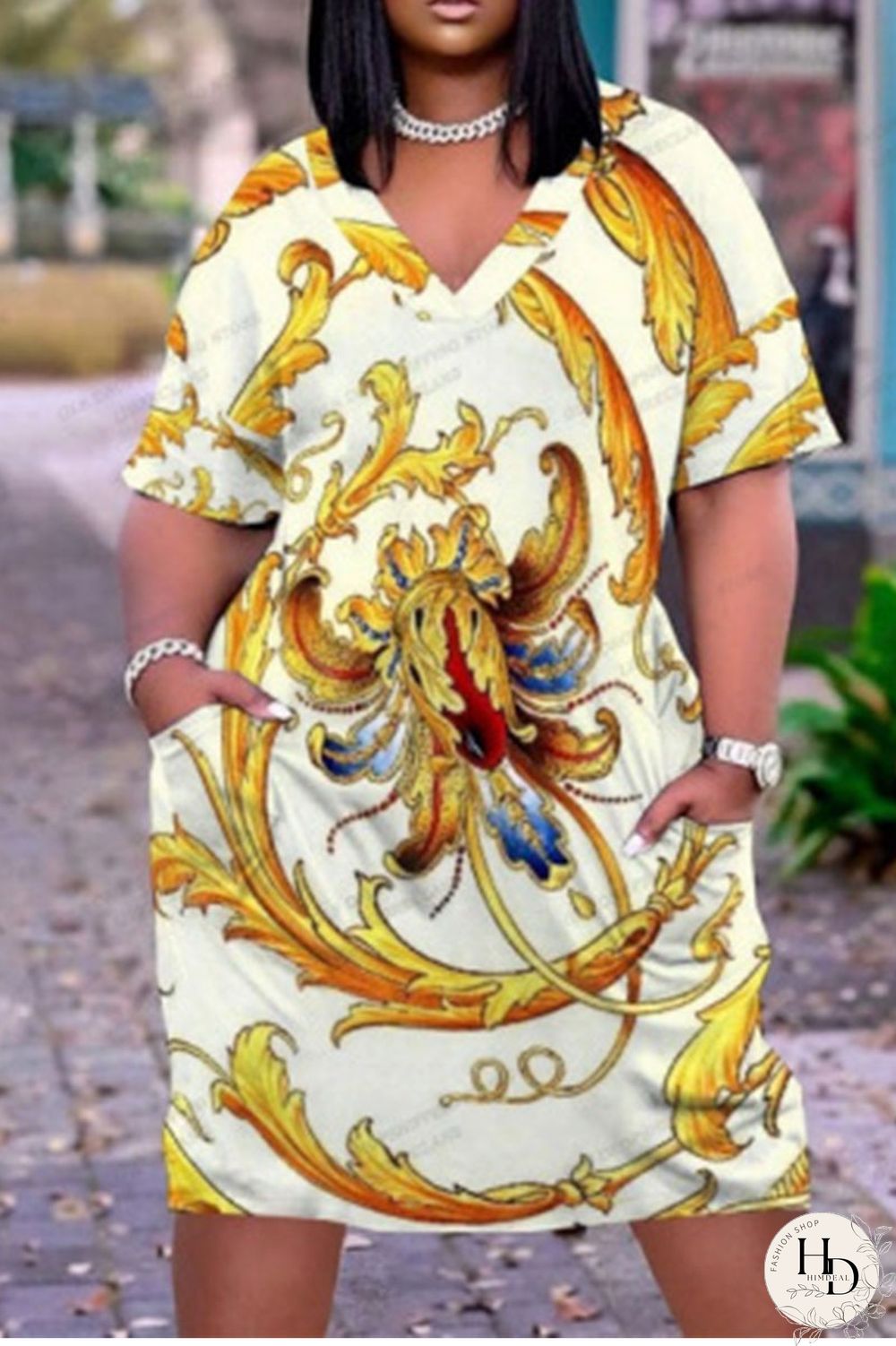 Yellow Casual Print Patchwork V Neck Straight Dresses