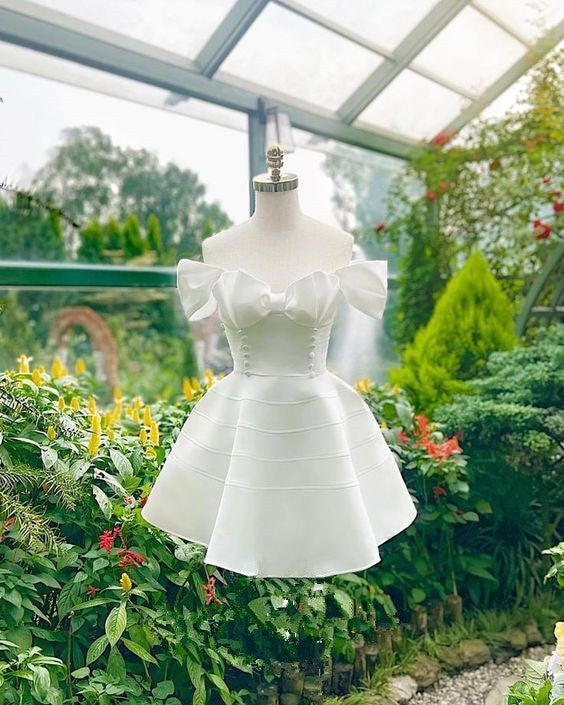 OLCooL Simple A line Off The Shoulder White Satin Homecoming Dress (PRE-ORDER) olcool