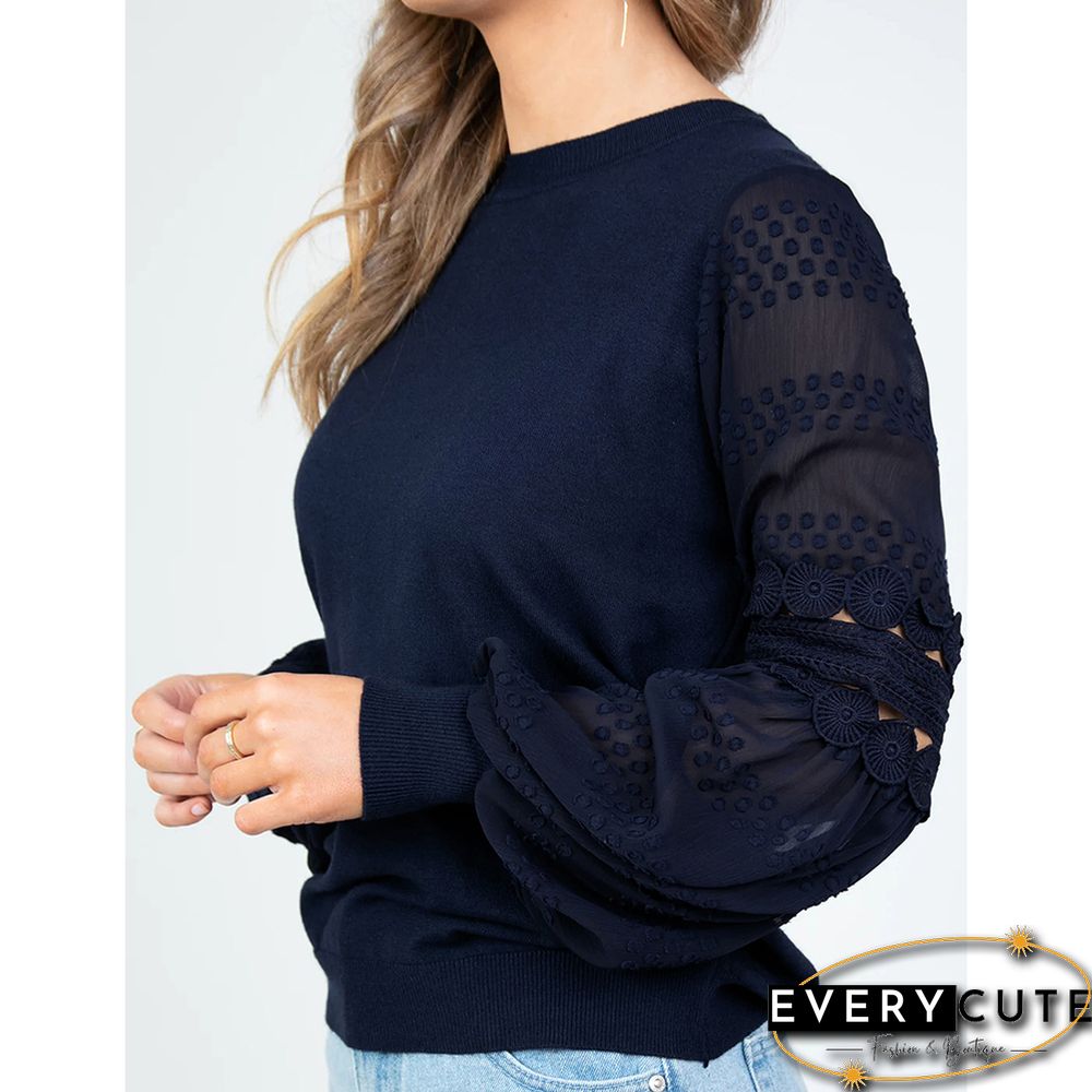 Navy Blue Splicing Hollow-out Lantern Sleeve Tops