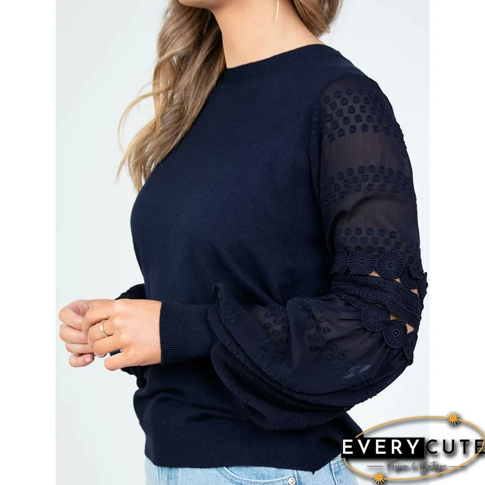Navy Blue Splicing Hollow-out Lantern Sleeve Tops