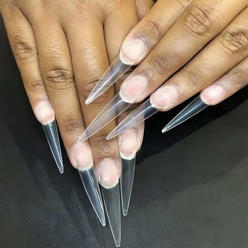 Extra Long Stiletto False Nail Tips – White/Clear Natural – Coffin Style Acrylic Tips