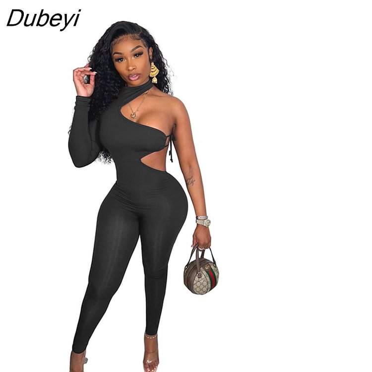 Dubeyi Women Sexy Party Club Tie Up Open Side One Shoulder One Long Sleeve Jumpsuit Skinny Solid One Piece Overall Set Outfits