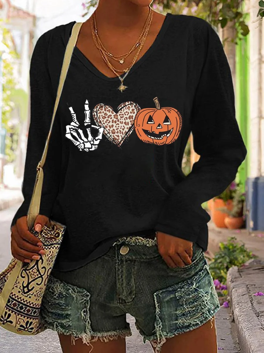 Skull Peace Love Pumpkin Halloween V-Neck Long Sleeve T-shirt
