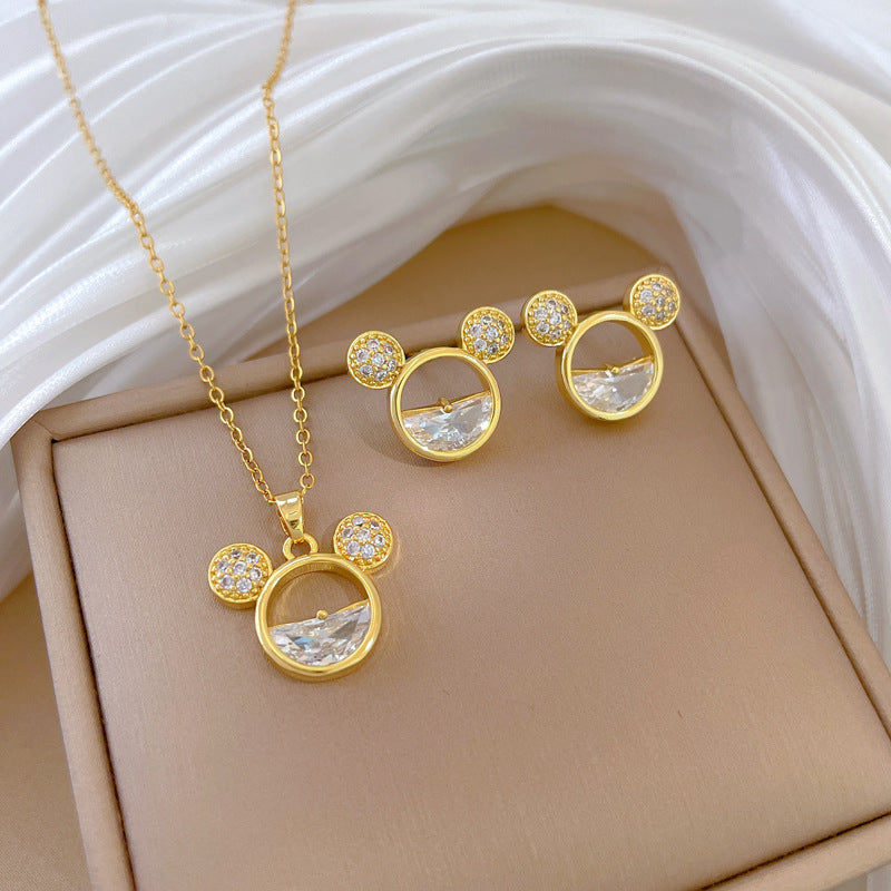 Necklace Earrings Set With Full Diamonds And Hollowed-Out Mouse Head Personalized Banquet Earrings And Necklace Set