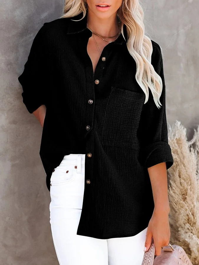 Long Sleeve Button V-neck Cotton Linen Shirt