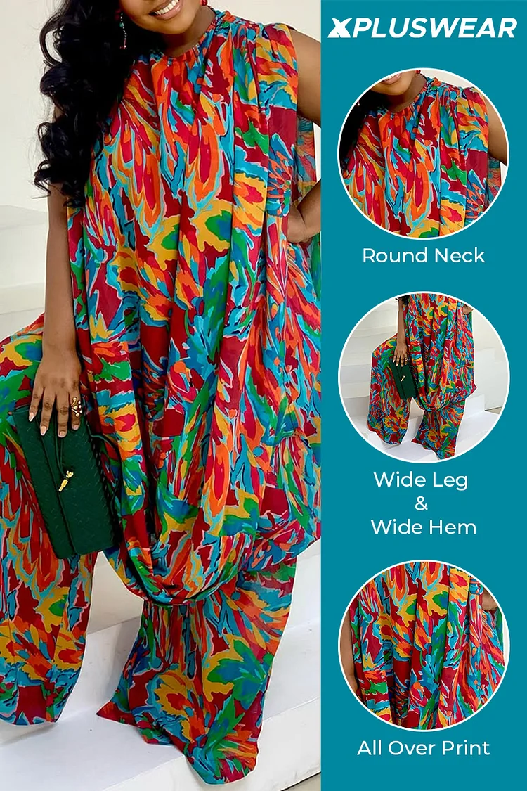 Plus Size Daily Multicolor All Over Print Round Neck Split Casual Wide Leg Two Piece Pant Sets [Pre-Order]