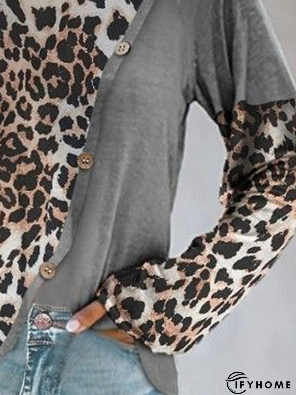 Color-block Leopard Long Sleeve Crew Neck Buttoned Casual Tunic Top | IFYHOME