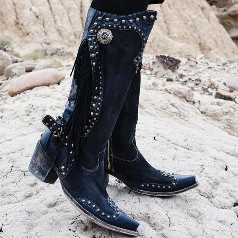 Women Vintage Tassel Western Boots with Zipper | IFYHOME